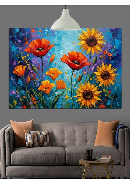 Gelincik Ayçiçeği Çiçek Tarlası Dekoratif Kanvas - Mdf Ahşap Tablo