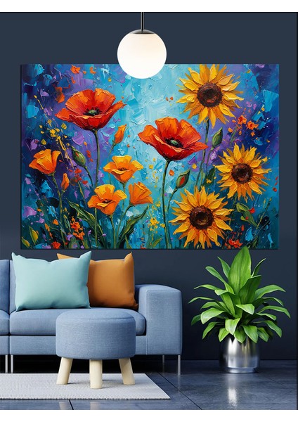 Gelincik Ayçiçeği Çiçek Tarlası Dekoratif Kanvas - Mdf Ahşap Tablo modelleri