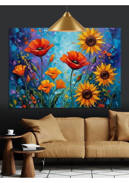 Gelincik Ayçiçeği Çiçek Tarlası Dekoratif Kanvas - Mdf Ahşap Tablo fırsatları