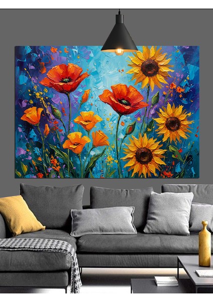 Gelincik Ayçiçeği Çiçek Tarlası Dekoratif Kanvas - Mdf Ahşap Tablo indirimleri