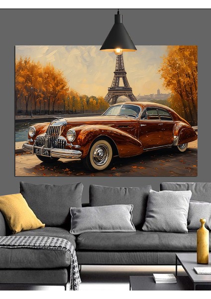 Eyfel Kulesi ve Kahverengi Klasik Araba Dekoratif Kanvas - Mdf Ahşap Tablo
