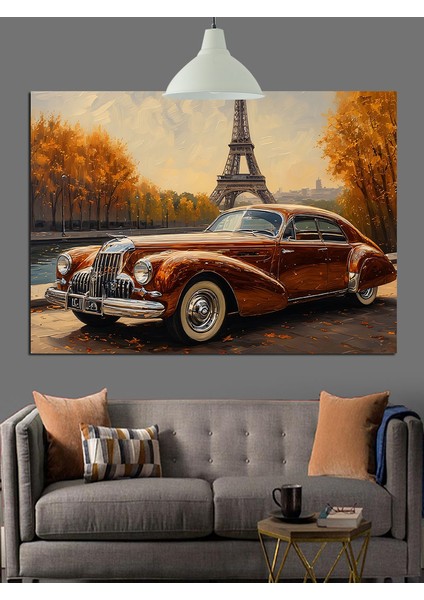 Eyfel Kulesi ve Kahverengi Klasik Araba Dekoratif Kanvas - Mdf Ahşap Tablo fiyatları