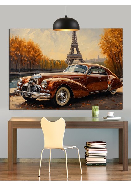 Eyfel Kulesi ve Kahverengi Klasik Araba Dekoratif Kanvas - Mdf Ahşap Tablo modelleri