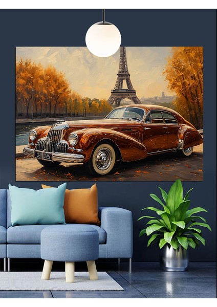 Eyfel Kulesi ve Kahverengi Klasik Araba Dekoratif Kanvas - Mdf Ahşap Tablo fırsatları