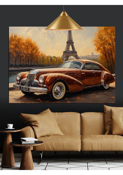 Eyfel Kulesi ve Kahverengi Klasik Araba Dekoratif Kanvas - Mdf Ahşap Tablo indirimleri