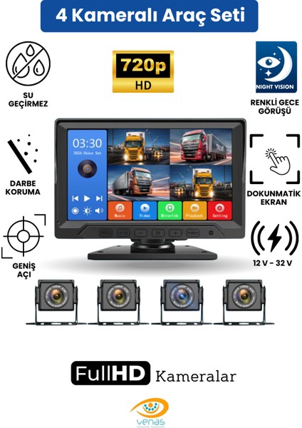 10.1 Inç 4 Kameralı Döngüsel Kayıtlı,dokunmatik ve Tuşlu Araç Kamera Monitör Seti