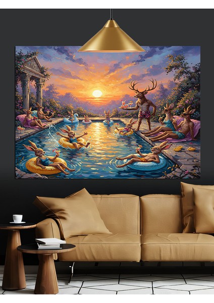 Gün Batımında Hayvanların Havuz Partisi Dekoratif Kanvas - Mdf Ahşap Tablo fiyatları