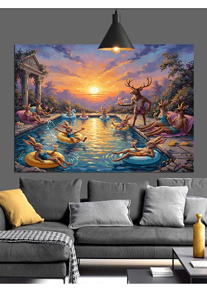 Gün Batımında Hayvanların Havuz Partisi Dekoratif Kanvas - Mdf Ahşap Tablo modelleri