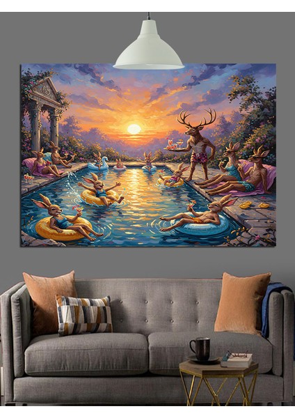 Gün Batımında Hayvanların Havuz Partisi Dekoratif Kanvas - Mdf Ahşap Tablo fırsatları