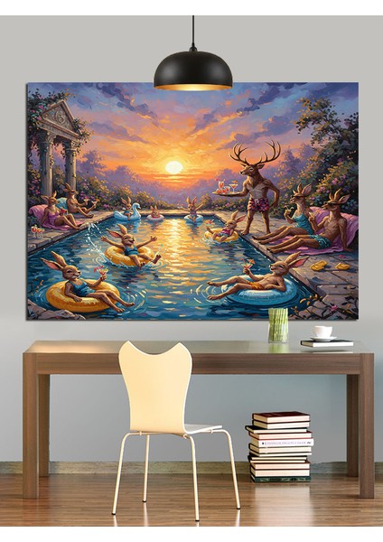 Gün Batımında Hayvanların Havuz Partisi Dekoratif Kanvas - Mdf Ahşap Tablo indirimleri