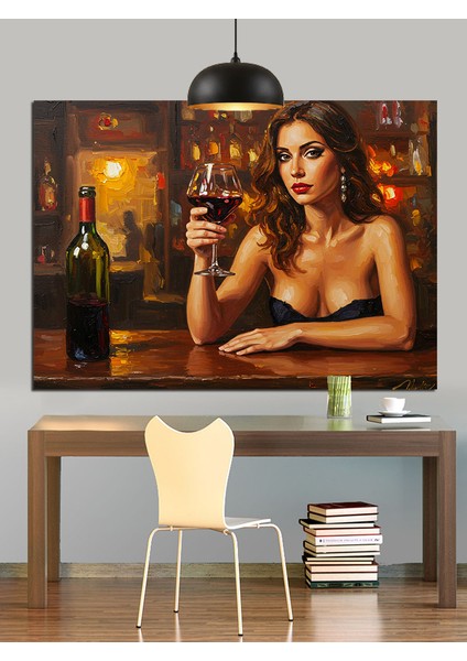 Oturan Kadın Şarap Içiyor Dekoratif Kanvas - Mdf Ahşap Tablo
