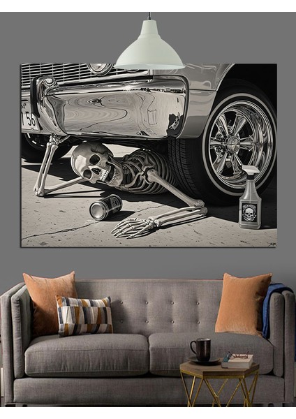Klasik Otomobili Tamir Eden Iskelet Dekoratif Kanvas - Mdf Ahşap Tablo