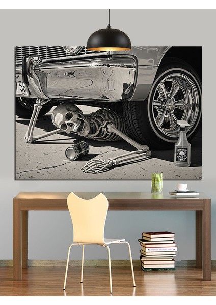 Klasik Otomobili Tamir Eden Iskelet Dekoratif Kanvas - Mdf Ahşap Tablo fiyatları