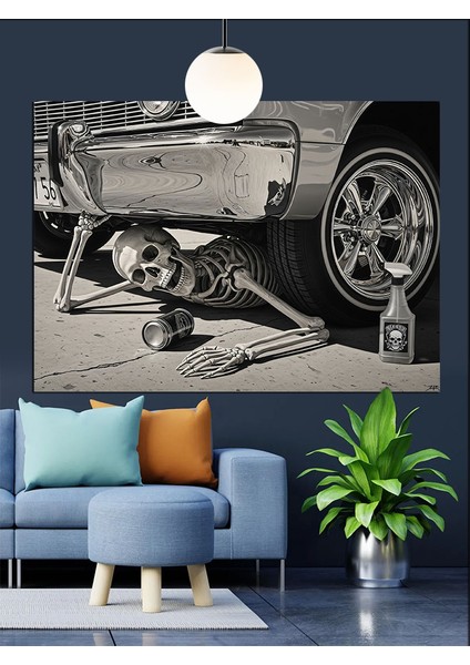 Klasik Otomobili Tamir Eden Iskelet Dekoratif Kanvas - Mdf Ahşap Tablo modelleri