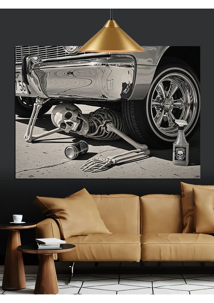 Klasik Otomobili Tamir Eden Iskelet Dekoratif Kanvas - Mdf Ahşap Tablo fırsatları