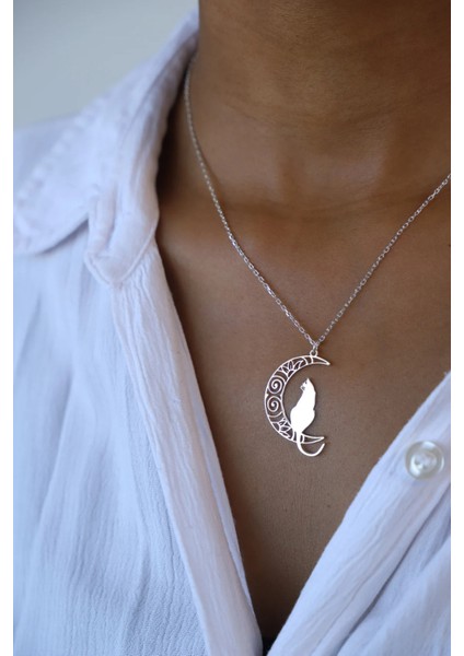 925 Ayar Gümüş Ay Kedi Kolye