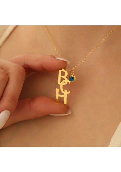 925 Ayar Gümüş Dikey Harfli Nazar Boncuklu Kolye
