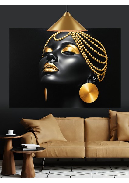 Altın Küpeli Siyahi Kadın Dekoratif Kanvas - Mdf Ahşap Tablo