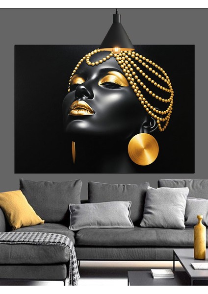 Altın Küpeli Siyahi Kadın Dekoratif Kanvas - Mdf Ahşap Tablo fiyatları