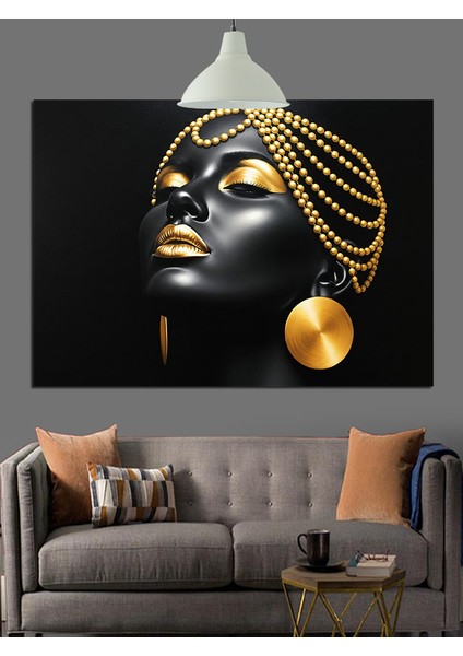 Altın Küpeli Siyahi Kadın Dekoratif Kanvas - Mdf Ahşap Tablo modelleri