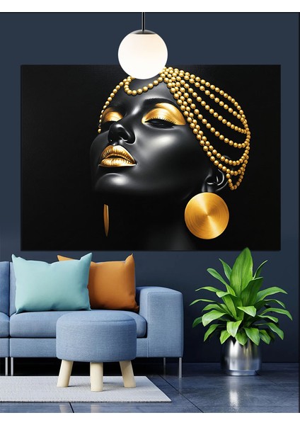 Altın Küpeli Siyahi Kadın Dekoratif Kanvas - Mdf Ahşap Tablo indirimleri