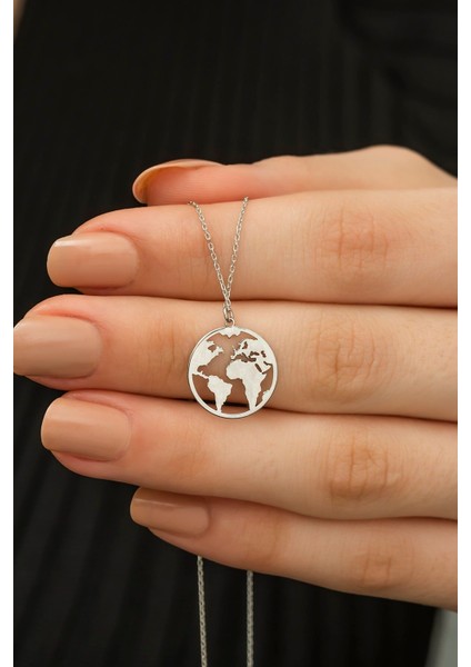 Kadın 925 Ayar Gümüş Dünya Haritası Kolye