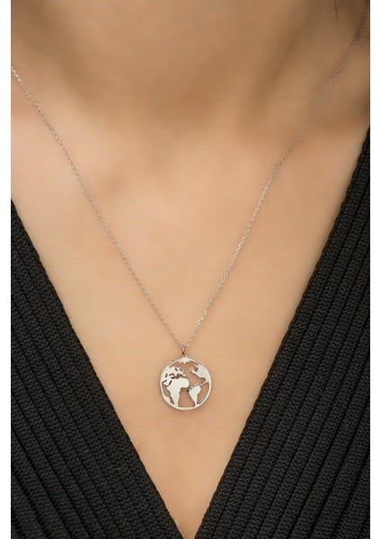 Kadın 925 Ayar Gümüş Dünya Haritası Kolye fiyatları