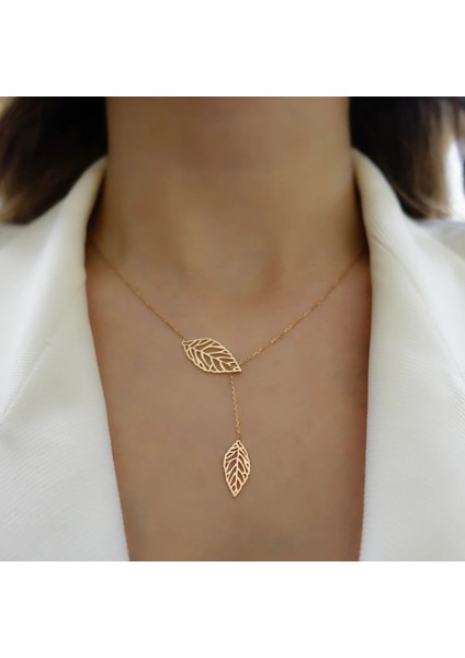 Kadın 925 Ayar Gümüş Yaprak Model Altın Kolye