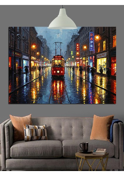 Yağmurlu Şehir Sokağı Tramvay Dekoratif Kanvas - Mdf Ahşap Tablo