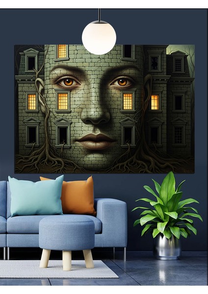 Insan Yüzü, Bina ve Pencereler Dekoratif Kanvas - Mdf Ahşap Tablo