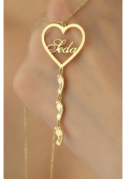 Kadın 925 Ayar Gümüş Kişiye Özel Ayak Izi Detaylı Kalp Gold Kolye modelleri