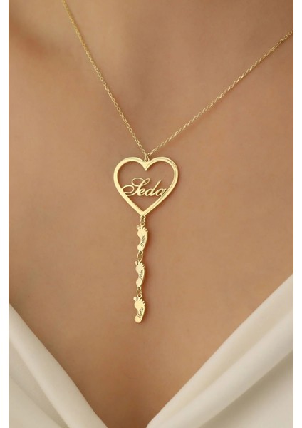Kadın 925 Ayar Gümüş Kişiye Özel Ayak Izi Detaylı Kalp Gold Kolye fırsatları