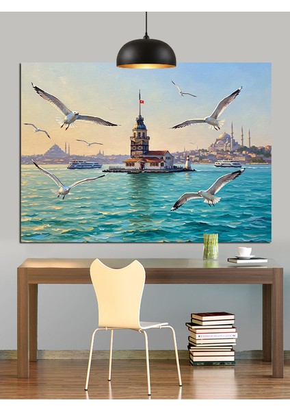 Kız Kulesi Kuşlar Deniz Dekoratif Kanvas - Mdf Ahşap Tablo