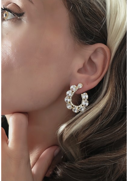 Çiçek Model Zirkon Taşlı Abiye Gold Renk Küpe