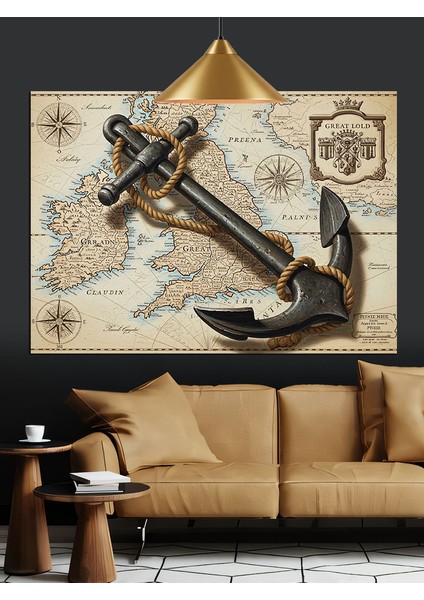 Eski Harita Deniz Çapası Dekoratif Kanvas - Mdf Ahşap Tablo