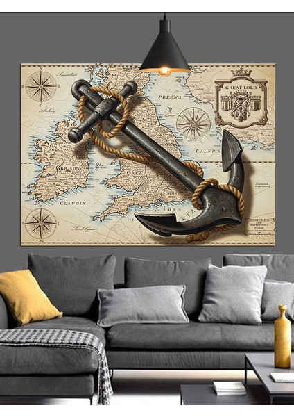 Eski Harita Deniz Çapası Dekoratif Kanvas - Mdf Ahşap Tablo fiyatları
