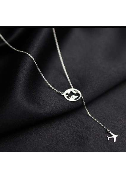 Kadın 925 Ayar Gümüş Dünya Uçak Kolye