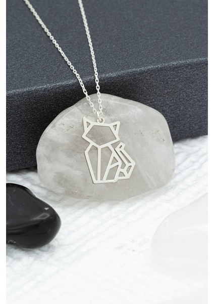 Kadın 925 Ayar Gümüş Origami Kedi Kolye