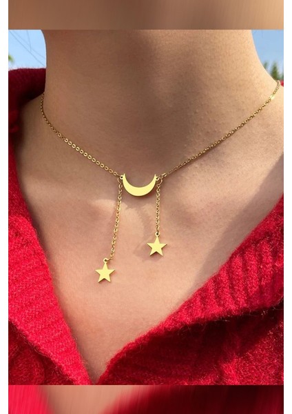 Kadın 925 Ayar Gümüş Çift Yıldız Sallantılı Hilal Kolye