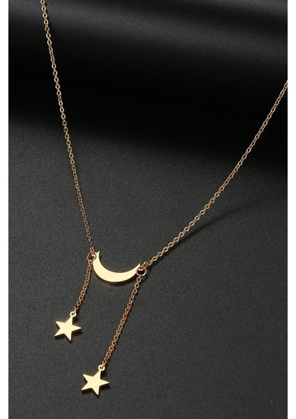 Kadın 925 Ayar Gümüş Çift Yıldız Sallantılı Hilal Kolye modelleri