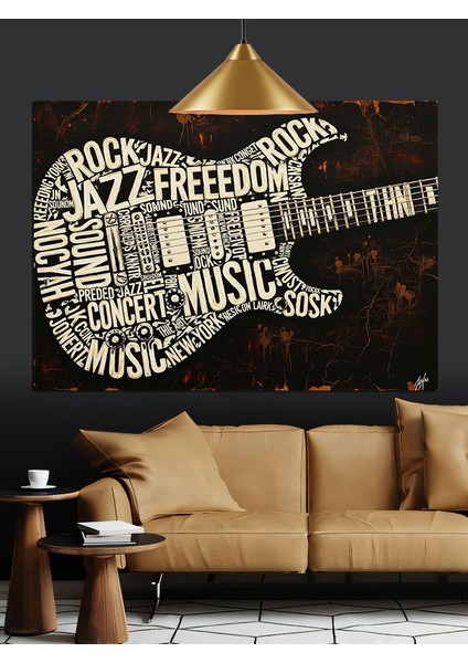 Gitar Şekilli Müzik Yazıları Dekoratif Kanvas - Mdf Ahşap Tablo