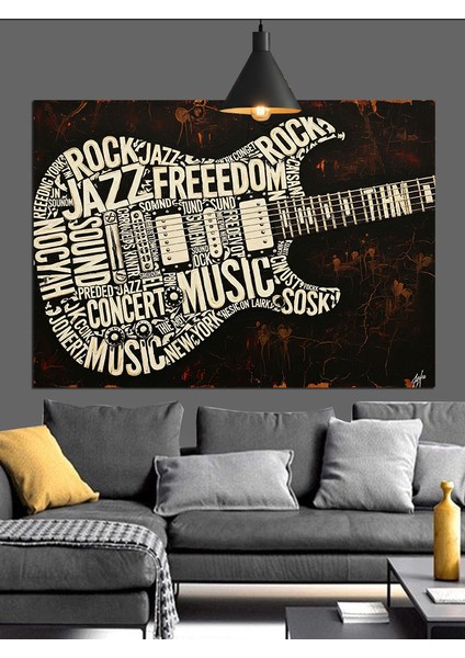 Gitar Şekilli Müzik Yazıları Dekoratif Kanvas - Mdf Ahşap Tablo fiyatları