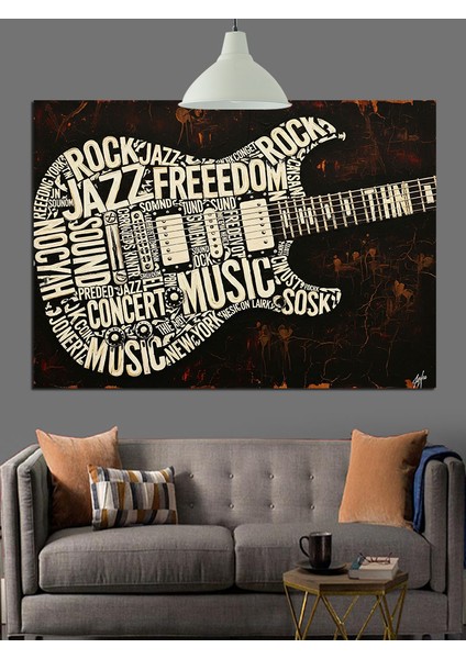 Gitar Şekilli Müzik Yazıları Dekoratif Kanvas - Mdf Ahşap Tablo modelleri