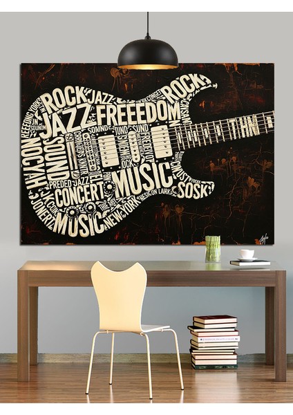 Gitar Şekilli Müzik Yazıları Dekoratif Kanvas - Mdf Ahşap Tablo fırsatları
