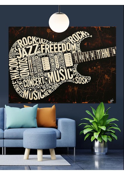Gitar Şekilli Müzik Yazıları Dekoratif Kanvas - Mdf Ahşap Tablo indirimleri