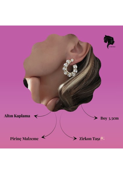 Çiçek Model Zirkon Taşlı Abiye Gold Renk Küpe