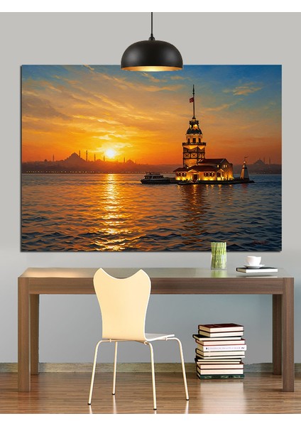 Istanbul Boğazı Kız Kulesi Gün Batımı Dekoratif Kanvas - Mdf Ahşap Tablo fırsatları