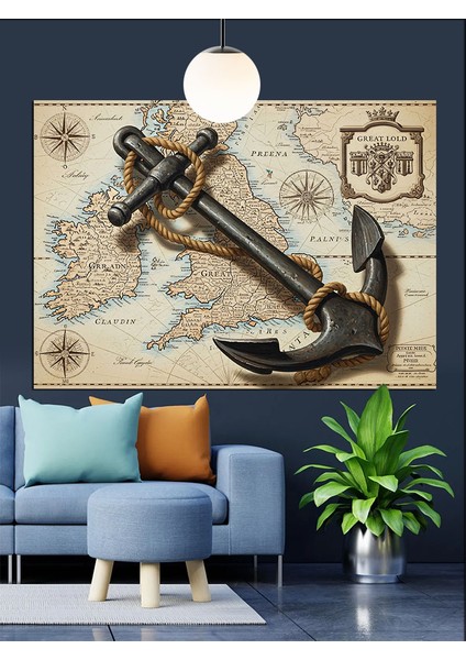 Eski Harita Deniz Çapası Dekoratif Kanvas - Mdf Ahşap Tablo indirimleri