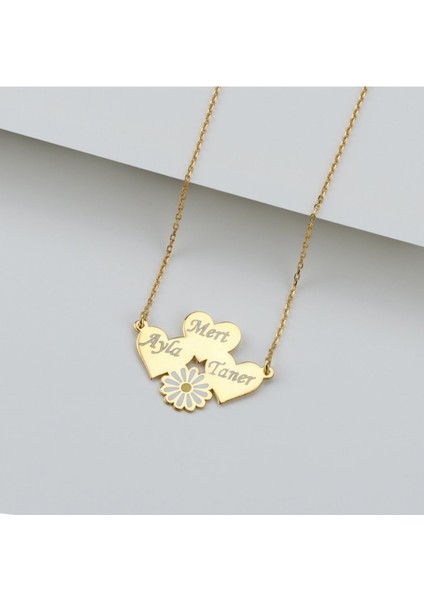 Kadın 925 Ayar Gümüş Kişiye Özel Üç Isimli Papatya Kolye modelleri