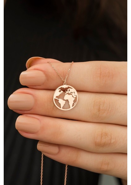 Kadın 925 Ayar Gümüş Dünya Haritası Kolye
